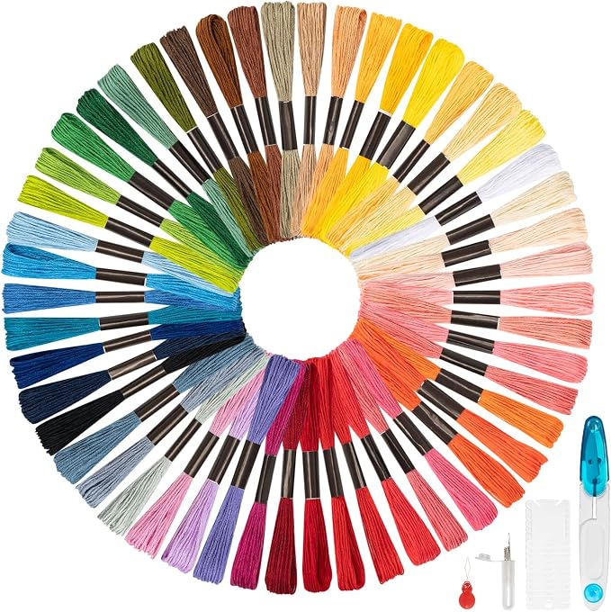 Amrules Friendship Bracelet String, 50 Pcs Embroidery Floss, Colorful | Including 344.5" Cotton Cross Stitch Thread, Hand Embroidery Thread for DIY Sewing and Embroidery Crafts Making with Tools
