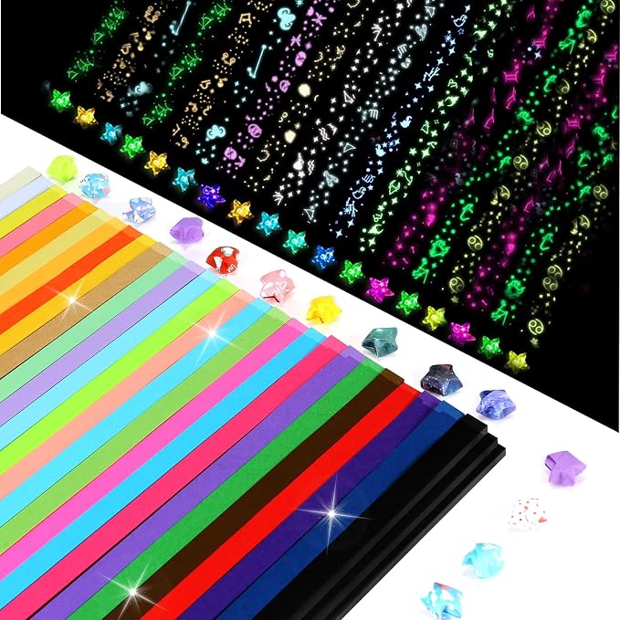 1500 Sheets Stars Paper Strips, 4 Packs Origami Star Paper with 12 Colors Glow in Dark and 27 Colors Assortment , Star Origami Paper for Adult / Teenage Art and Craft Materials DIY / Hand Craft