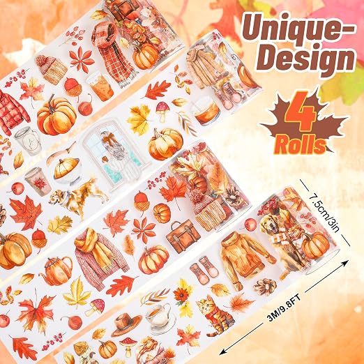 JarThenaAMCS 39.2 Ft Fall PET Washi Tape Autumn Orange Transparent Adhesive Masking Tape for Cut & Use as Thanksgiving People Stickers Scrapbook Journal DIY Crafts Wrapping,4 Rolls