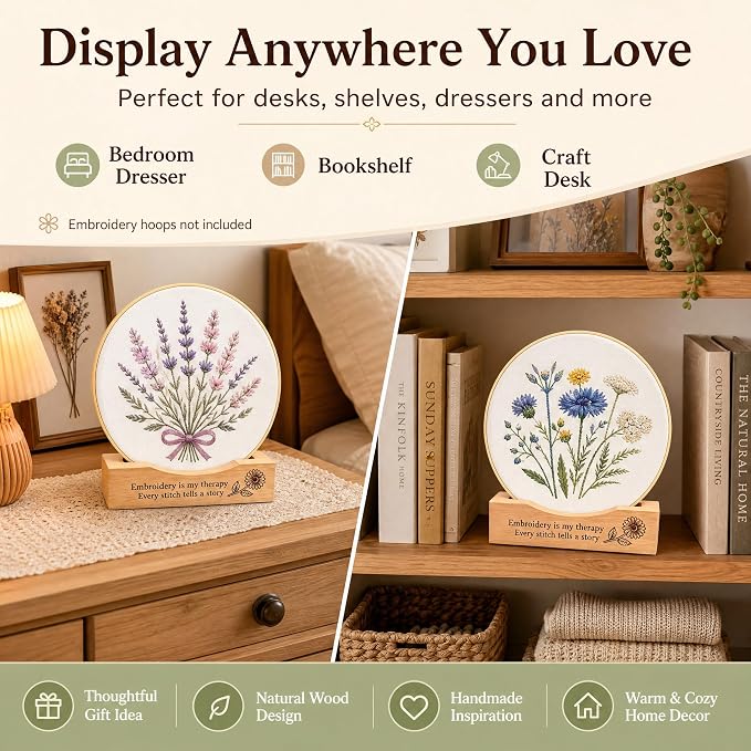 PXIRQ 2-Pack Embroidery Hoop Display Stand – 2‑Tier Grooved Frame Holder Wooden Base for Showcasing Finished Embroidery Art, Cross-Stitch Projects & Needlework, Home Decor & Craft Fairs Accessories