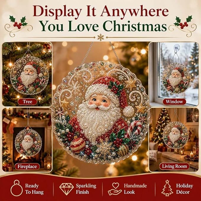 Christmas Pearl Diamond Painting Kit, DIY Diamond and Pearl Art Painting, 3D Mixed-Sized Pearl Beads Craft, Acrylic Round Board with Lace Edge, Pre-Assembled Metal Chain