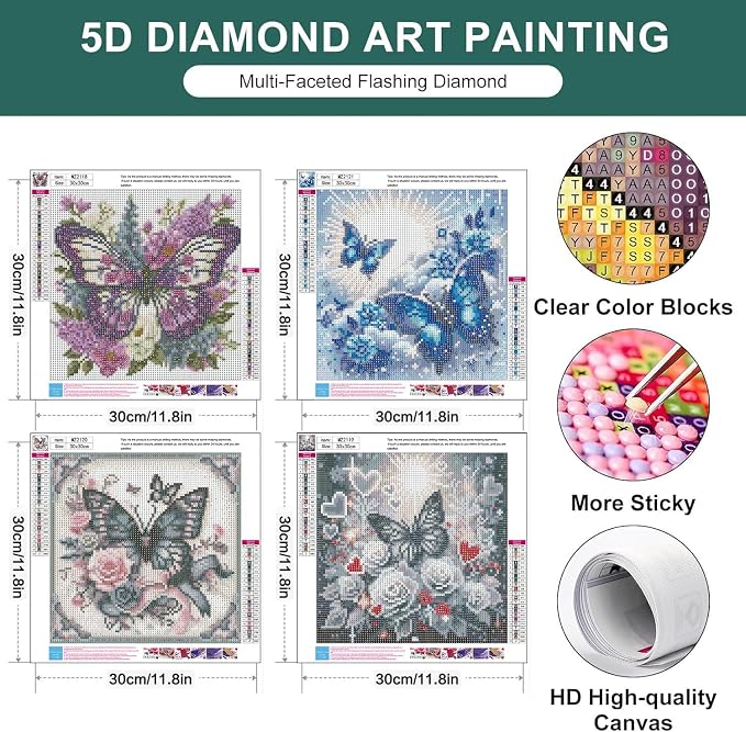 mrpwnle 4 Pack Diamond Art Kits for Adults, Butterfly Diamond Painting Kits