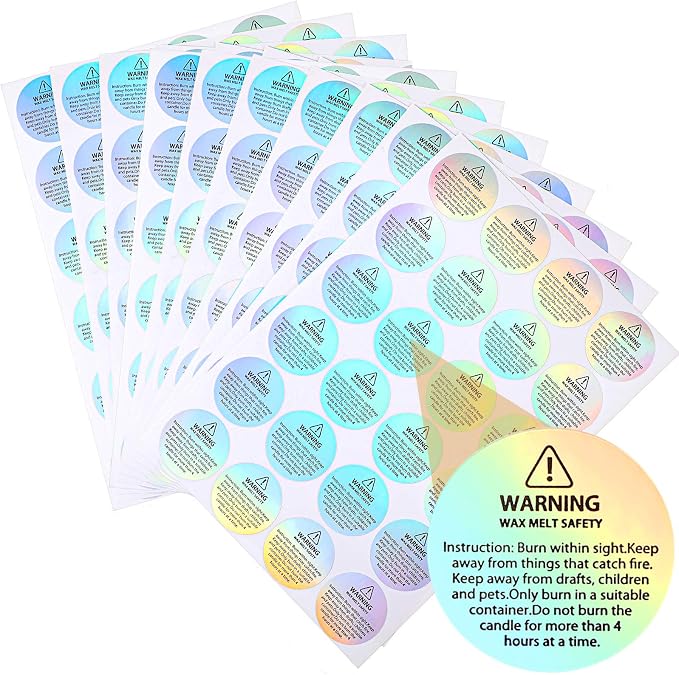 Zonon 240 Pcs Holographic Candle Warning Labels, Wax Melt Safety | For Jars Tins Containers, Round Stickers with Rainbow Iridescent, Safety Instruction Text, Handmade Candle Making Supplies
