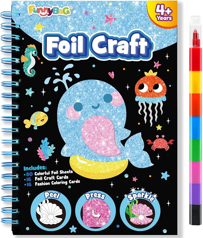 FUNNYB&G Foil Art Craft Kit for Kids, Sparkly Birthday Gift Toy for Kids | No Mess, Kids Ages 4-10 Create Sparkling Artwork, A Creative Gift for Birthdays, Holidays, Travel Activities,Screen-Free Fun