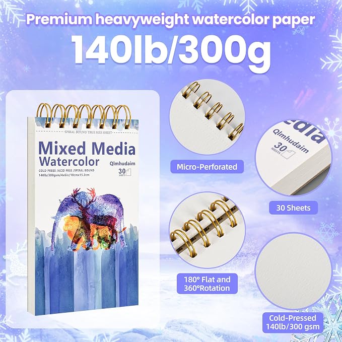 Qlmhudam Watercolor Paper Pad 4" x6”(30 Sheets, 140lb/300g)