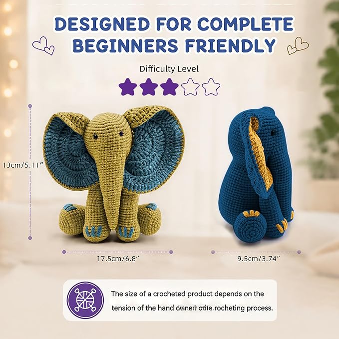 JYZJDKE Crochet Kit for Beginners Adults - DIY Amigurumi Elephant Knitting Starter Kit with Yarn Sets, Crochet Animal Kit Cute Stuffed Animal Craft Birthday Gifts (Dark Blue+Ginger Elephant)