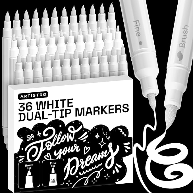 ARTISTRO 36 White Dual-Tip Acrylic Paint Marker Pens for Drawing | For Fabric, Rock, Glass, Wood, & Molds, Arts & Crafts Gift for Adults, Teens, & Kids, Classroom Must Haves & School Supplies