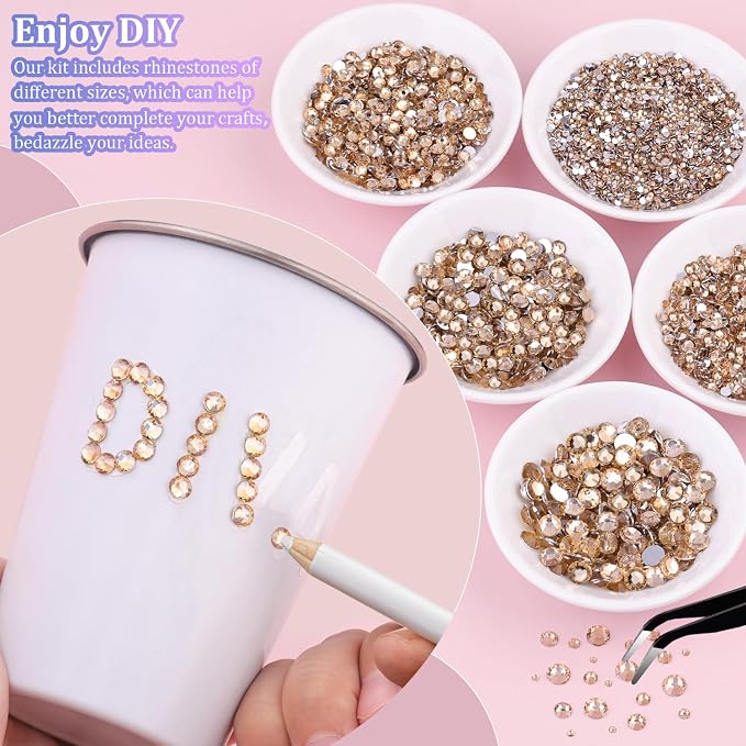 16000Pcs Resin Rhinestones with Tweezers for Crafting, Champagne 2-6mm Mixed Sizes Bedazzling Crystal with 3Pcs 10ml B7000 Jewelry Glue for DIY Crafts Clothing Tumblers Shoes Fabric Nail Art