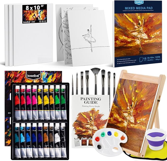 koseibal Kids Acrylic Paint Set with Canvas, Art Supplies Kits for Adults