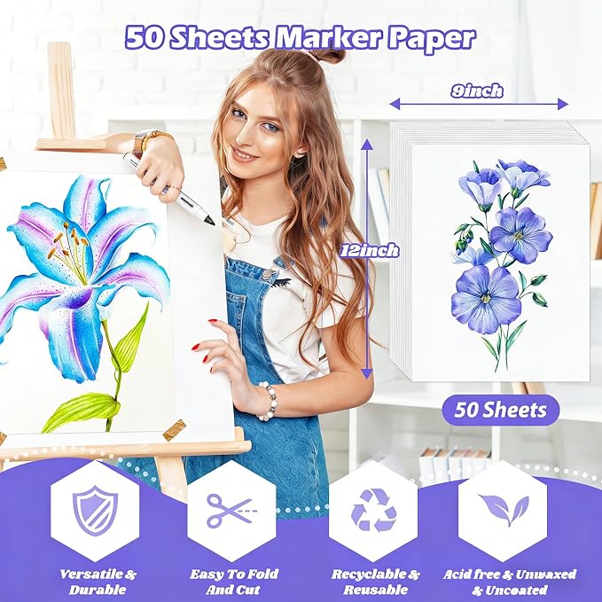 Marker Paper 9" x 12", 50 Sheets Alcohol Marker Paper, Loose Drawing Paper | 73 lb/120 gsm Smooth Painting Coloring Paper, Art Supplies for Kids Adults, Teacher Marker Pad Sketchbook,Classroom Must Have