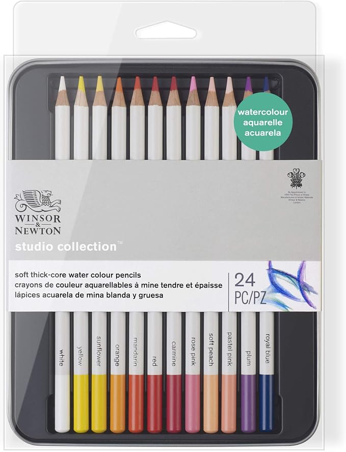 Winsor & Newton Studio Collection, Watercolor Pencils, Set of 24 | Highly pigmented, Wax-Based, Can be Used Wet/Dry, Add Water & Brush to Create Painterly Effects, Break-Resistant Points.