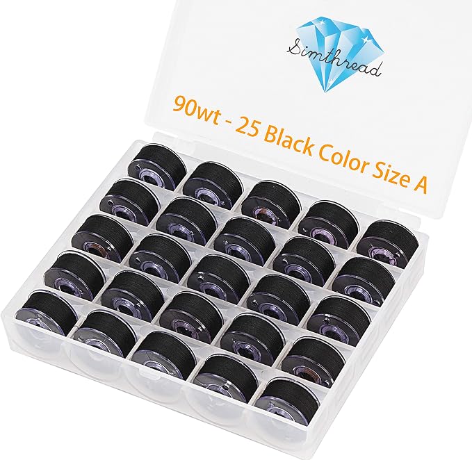 Simthread 25pcs Size A SA156 90WT Prewound Bobbin Thread - Black