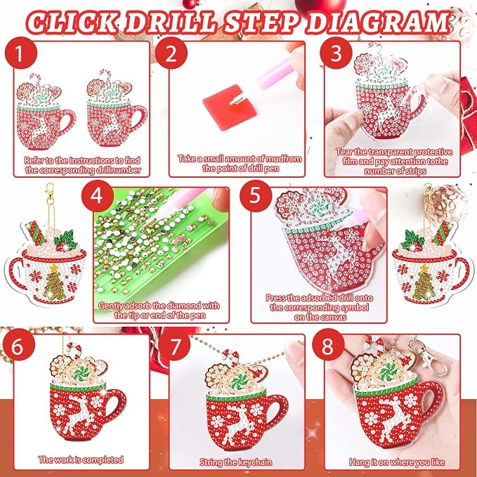 Tondiamo 20 Pcs Christmas Diamond Painting Keychain Kits with Tools Hot Cocoa Themed Art Key Chain Craft Kits Merry Christmas Cute Hanging Handmade 5D Art and Craft Supplies Accessories