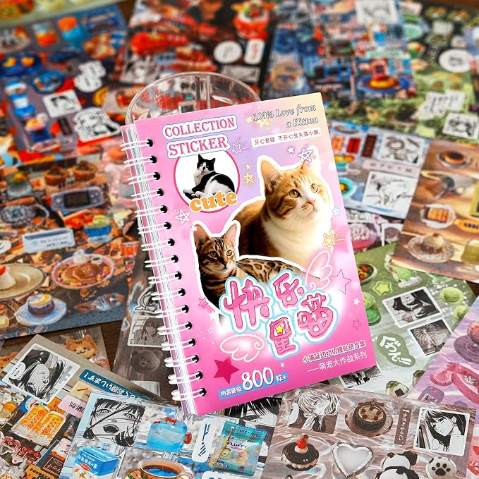 Tmtains 30 Sheets Cat Sticker Book with Meme Stickers 800+ Die Cut Stickers for Scrapbook Journal Planner Phone case Cute Sticker Book Gifts with Premium Art Paper and Cute Design (Cat)