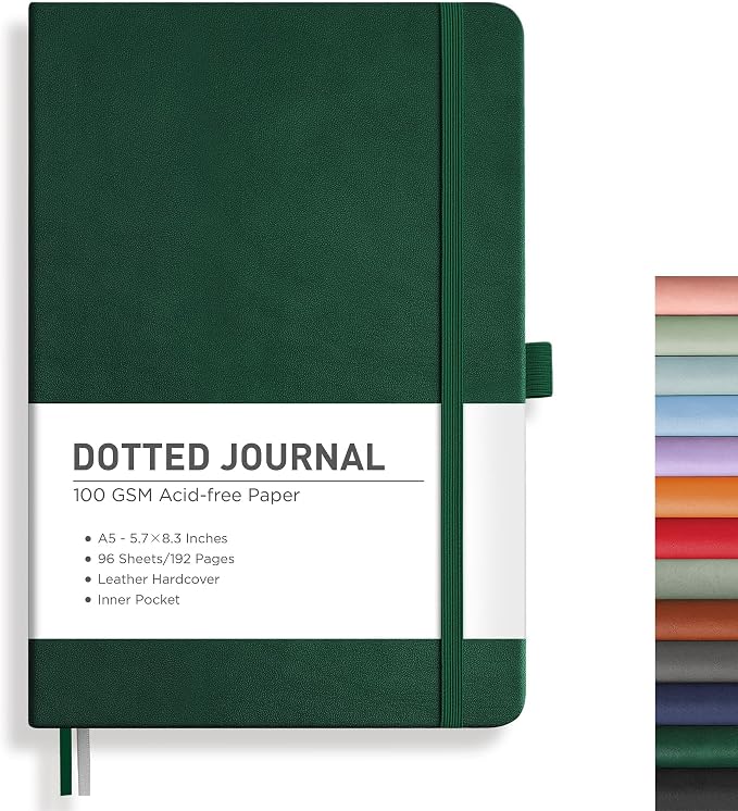 RETTACY Dotted Journal Notebook, 192 Pages, A5 Medium Size (5.7'' x 8.3'') | Leather Hardcover, 100 GSM Thick Paper, for Journaling, Planning, Tracking (Dark green)
