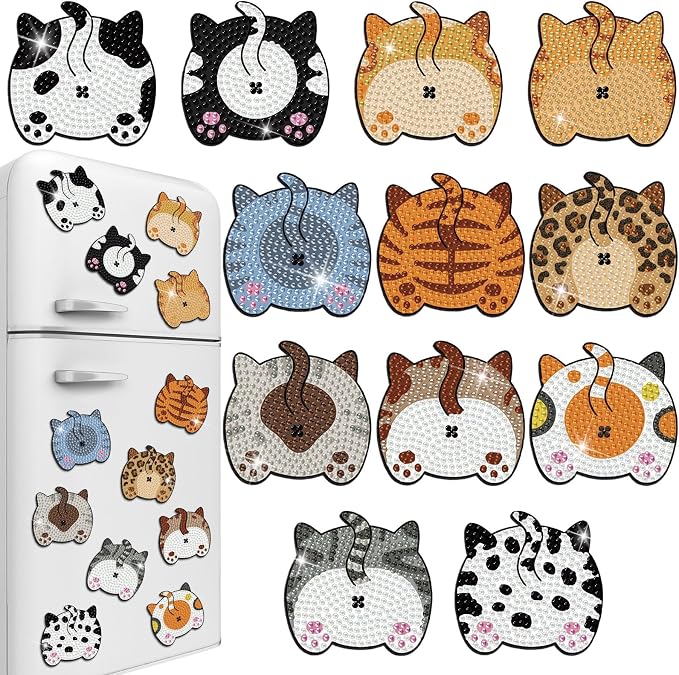Zonon 12 Pcs Cat Diamond Art Magnets for Fridge Kitty Decor Kits | Cute Kitty Shapes with Diamond Painting Sparkle, Magnetic Stickers for Home Decor, Pre-finished Art Ready for Adults