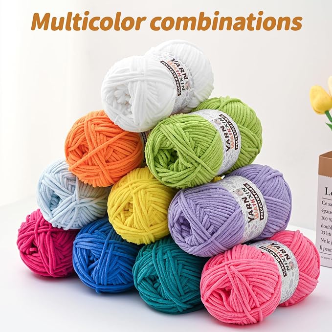 12 Pack Fluffy Chunky Chenille Yarn for Crocheting, Baby Yarn for Crocheting Soft Blanket, 1200g (1574yds) Bulky Yarn Set for Crochet Amigurumi & DIY Crafts A