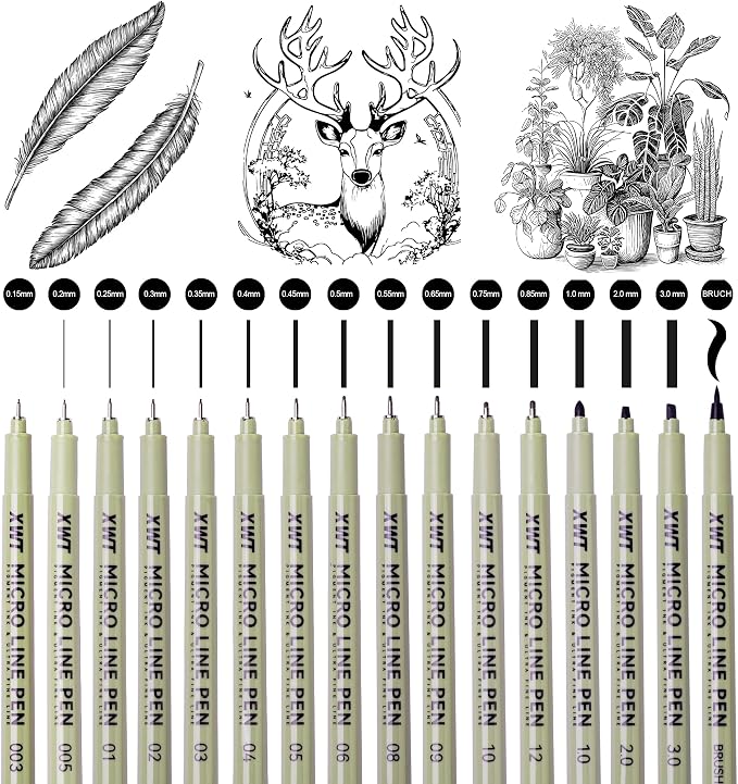 16Pcs Fineliner Micro Drawing Art Pens Set | Black Waterproof Pigment Ink Set for Artists, Sketching, Manga, Watercolor, Calligraphy, and Detail Outlining Inking Markers