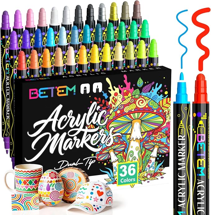 Betem 36 Colors Dual Tip Acrylic Paint Markers, Fabric Decorating Kits | Premium Water-Based Acrylic Paint Pens Art Supplies for Fabric, Rock, Wood, Glass, Canvas, Ceramic, School Supplies