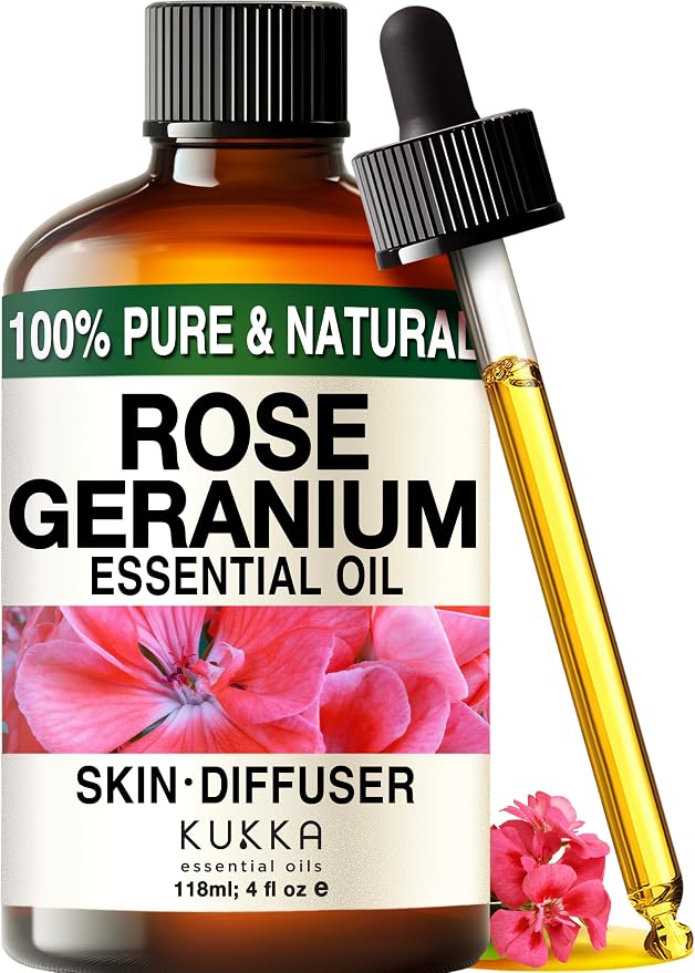 100% Pure Rose Geranium Essential Oil 4 Fl Oz - Geranium Oil for Skin | Undiluted for Hair, Scalp, Diffuser, Aromatherapy, Body Massage and Blending - Sweet Floral Aroma, with Dropper
