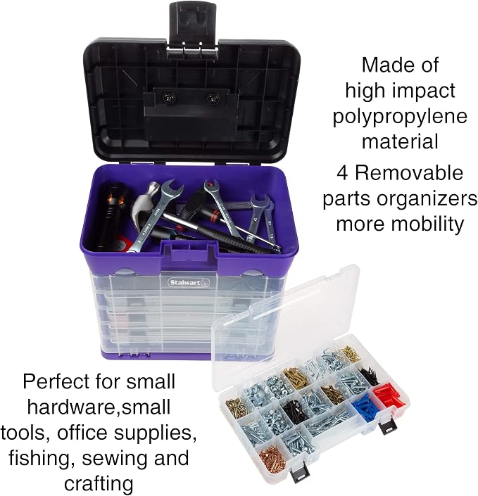 Storage and Tool Box-Durable Organizer Utility Box-4 Drawers with 19 Compartments Each for Hardware, Fish Tackle, Beads, and More by Stalwart (Purple)