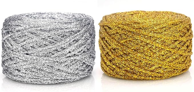 Metallic Glitter Yarn for Crochet & Knitting, Fine 2 Light Weight Worsted for Crochet Knitting, 35g 1.23oz, 145 Yards Soft Craft Sparkle Yarn (Gold+Silver)