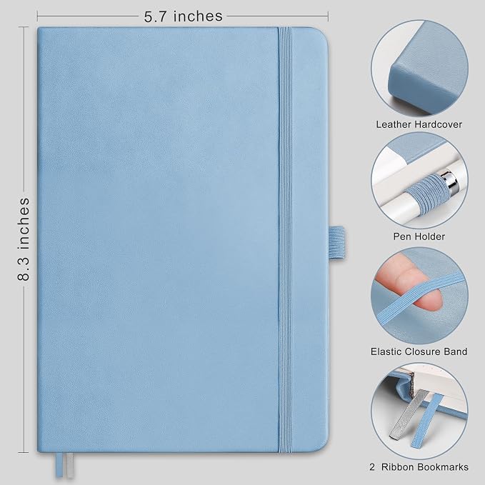RETTACY Graph Grid Paper Notebook, 192 Pages, A5 Size (5.7'' x 8.3'') | 5 Squares per Inch, Leather Hardcover, 100 GSM Thick Paper, for School, Students, Math, Engineering (Light Blue)