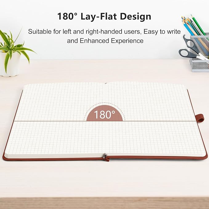 RETTACY Graph Grid Paper Notebook, 192 Pages, A5 Size (5.7'' x 8.3'') | 5 Squares per Inch, Leather Hardcover, 100 GSM Thick Paper, for School, Students, Math, Engineering (Brown)