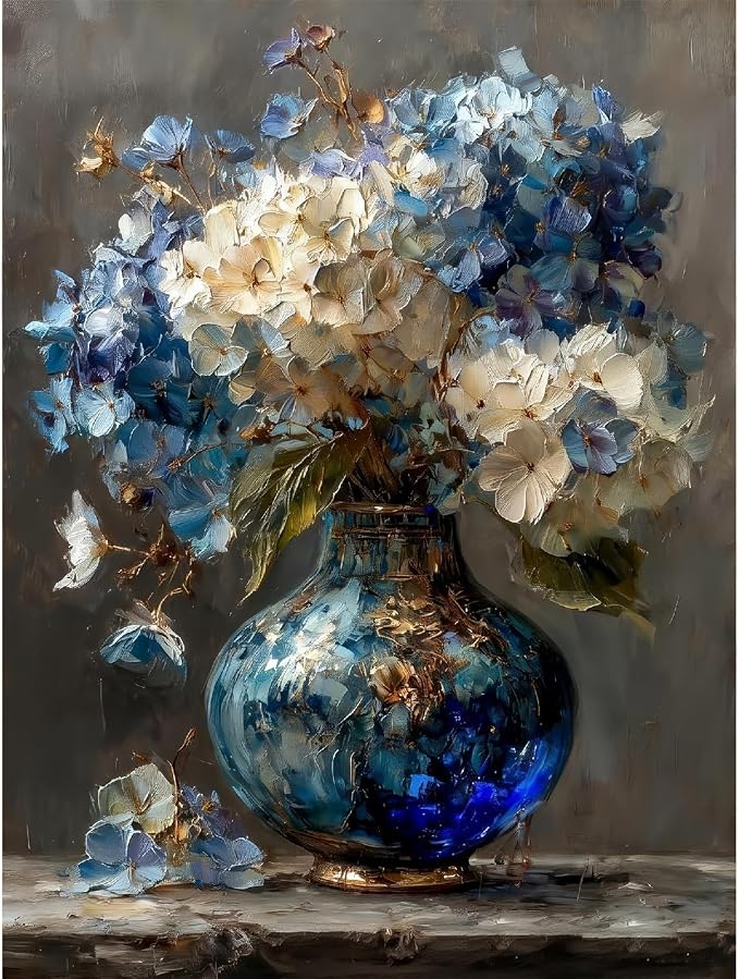 pchmcu Hydrangea in Glass Vase Paint by Numbers Kits for Adults,Blue and White Flowers Paint by Number for Adults Beginner, Paint by Numbers Kits on Canvas Frameless for Home Wall Decor 16x20inch