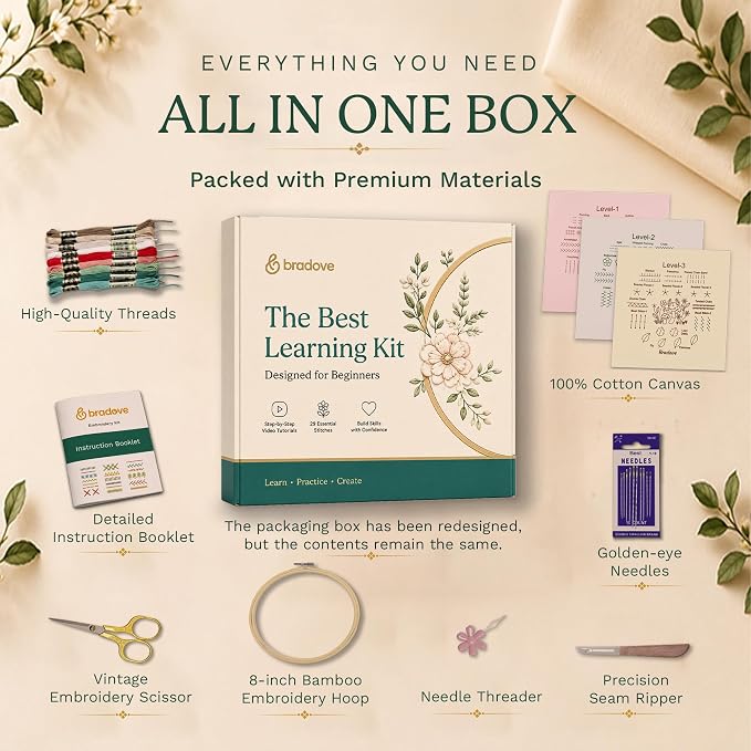 Bradove Beginner Embroidery Kit for Adults and Kids | Hand Embroidery Kit for Beginners with Patterns, Learn to Embroider Kit Adult Beginner, Stitches Practice, Learn to Sew