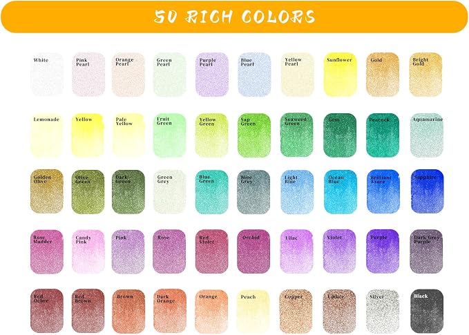 Artecho 50-Color Metallic Watercolor Paint Set with Easy-Hold Ring | 50 Metallic Colors with a Shimmer Finish; Includes Black and White Color Charts; Suitable for Dark and Light Paper