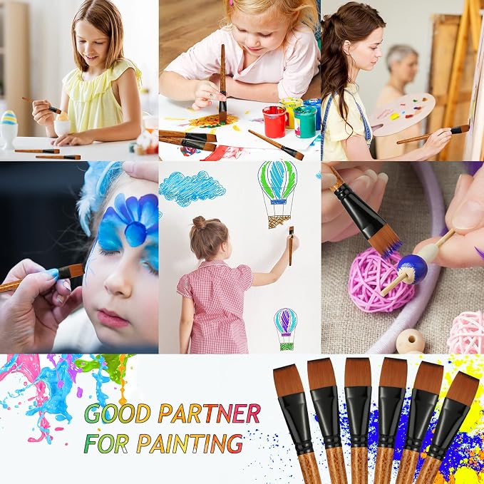 Meanplan 6 Pcs Flat Paint Brushes Bulk 1 Inch Paint Brushes for Acrylic Painting Watercolor Acrylic Synthetic Nylon Craft Artist Brush for Oil Fine Crafts Face Body Art Painting(6 Pcs)