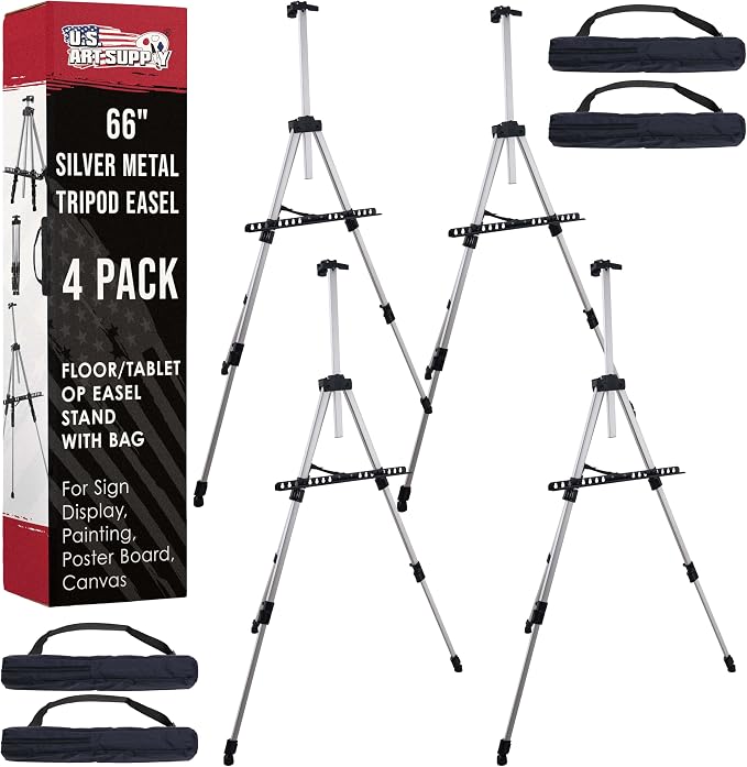 U.S. Art Supply 66" Silver Metal Tripod Easel Display, 4-Pack