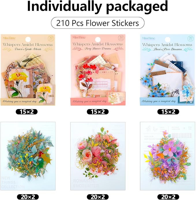 Pengxiaomei 210 Flower Stickers, Self-Adhesive Scrapbooking Stickers | Botanical Flower And Quote Designs; Peel-And-Stick; For Scrapbooks, Planners, Notebooks, Cards