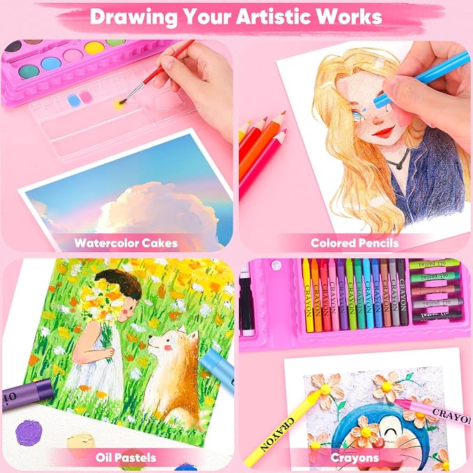 iBayam Art Supplies, 149-Pack Drawing Kit Painting Art Set Kits, Pink Box | Arts and Crafts for Kids Girls Boys Gifts, with Coloring Book, Crayons, Pastels, Pencils, Watercolor Pens & Cakes