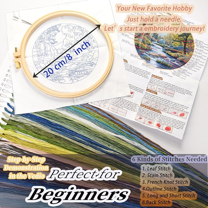 FONNUY Embroidery Kit for Beginners, Boho Nature Landscape Pre-Stamped Pattern Kits for Adults with Hoop, Easy to Follow Color Thread Needlework, 8'' Hoop (Verdant Riverside)