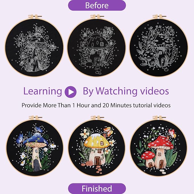 Uniartfy 3 Sets Embroidery Kit for Adults Beginners, Needlepoint Kits Cross Stitch, Hand Embroidery Starter Kit with Mushroom Stamped Patterns, Hoop, Tools, Colorful Threads with Needles, Instructions