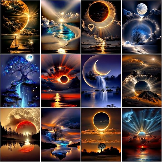 12 Pack Sunset Diamond Art Kits for Adults,5D Diamond Painting Sets | Landscape DIY Full Drill Round Gem Painting for Adult Beginners Diamond Art,Home Wall Decor 9.8x13.8 Inch