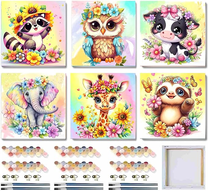 MXCFZX 6-Piece Framed Digital Painting Set for Children, Animal Painting Set Suitable for Children Aged 4-8-12. Easy Owl Elephant Cows Acrylic Oil Painting Set for Home Wall Decoration 8 x 8 inch