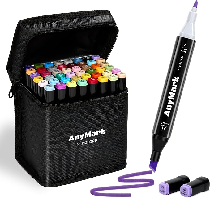 AnyMark Alcohol Markers, 48 Colors Dual Tip Art Coloring Markers Set | Alcohol Based Markers for Adult Book Drawing Sketching Painting, Chisel & Fine, Black Penholder