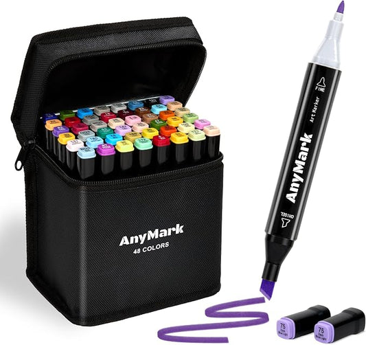 AnyMark Alcohol Markers, 48 Colors Dual Tip Art Coloring Markers Set | Alcohol Based Markers for Adult Book Drawing Sketching Painting, Chisel & Fine, Black Penholder