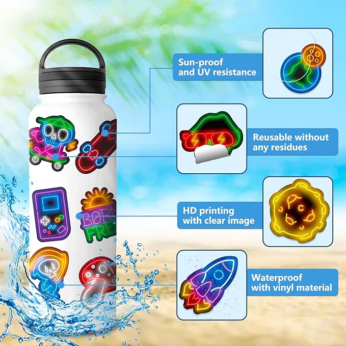 Water Bottle Stickers 100 Pcs Cool Cute Neon Sticker Packs, Prizes for Kids Classroom Rewards, Waterproof Vinyl Stickers for Water Bottles Laptop Scrapbooking Skateboard Journaling Luggage Tumbler etc