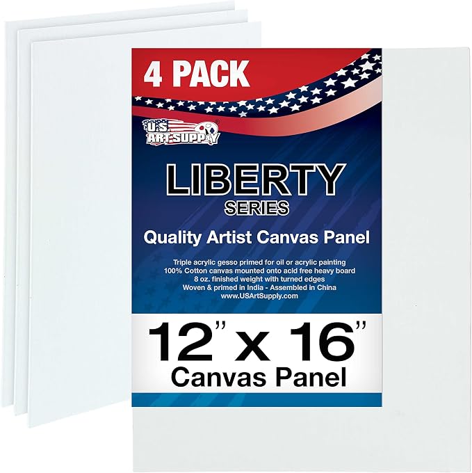 U.S. Art Supply 12 X 16 Inch Art Canvas Board Panels 4 Pack - 8 Ounce | Heavyweight Cotton Acid Free Canvases for Painting Acrylics and Watercolor (1 Case of 4 Single Canvas Painting Panels)