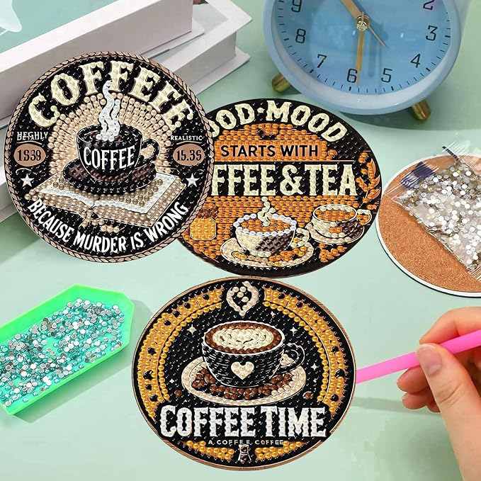 8Pcs Coffee Diamond Art Coasters Kits, Diamond Painting Coasters Kit