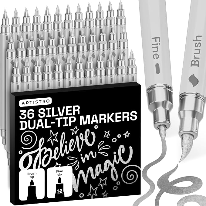 ARTISTRO 36 Silver Dual-Tip Acrylic Paint Marker Pens for Drawing | For Fabric, Rock, Glass, Wood, & Molds, Arts & Crafts Gift for Adults, Teens, & Kids, Classroom Must Haves & School Supplies