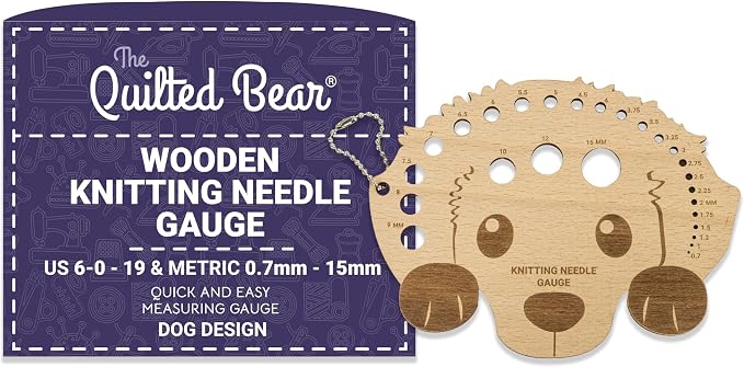 The Quilted Bear Wooden Knitting Needle Gauge - Knitting Gauge Measuring Tool for Accurate Needle Measurements with Metric & Imperial Sizes 0.7mm to 15mm & US 6-0 to 19 in Various Fun Designs (Dog)