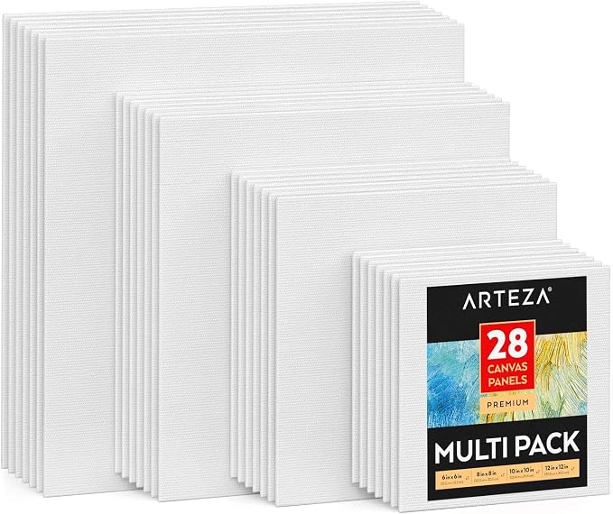 ARTEZA Canvases for Painting, Multipack of 28, 6 x 6, 8 x 8, 10 x 10, 12 x 12 Inches, Square Canvas Panels, 100% Cotton, 12.3 oz Gesso-Primed, Art Supplies for Acrylic Pouring and Oil Painting
