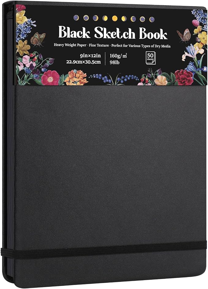 160 GSM Black Paper Sketchbook 9 × 12 in, 50 Sheets Black Paper Notebook