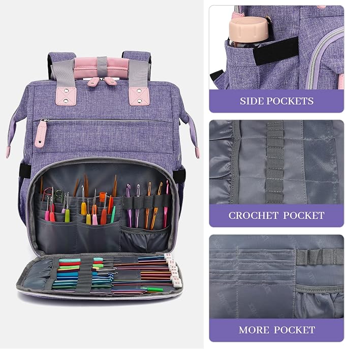 LTINVECK Knitting Bag Backpack,Yarn Storage Organizer Travel Crochet Bag,Large Capacity Tote Bag Yarn Holder Case for Carrying Projects, Knitting Needles, Crochet Hooks,Purple