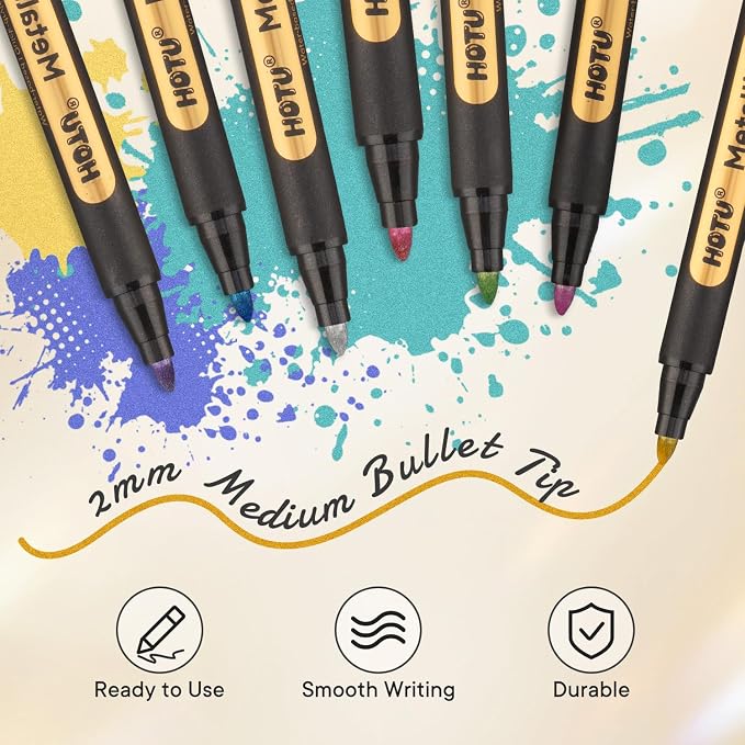 HOTU Metallic Marker Pens,12 Colors, 2MM Medium Tip for Black Paper